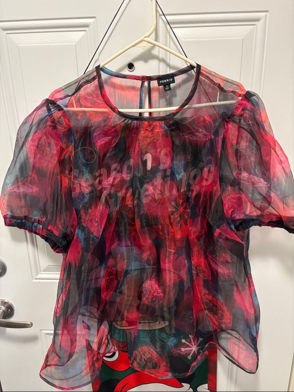 Torrid Sheer Floral Short Sleeve Blouse - Red Rose Print - Picture 9 of 11